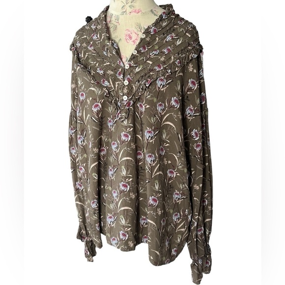 The Drop Cottage Core Olive Floral Ruffle Blouse by Ashley Robertson  XL NWT - Picture 4 of 16